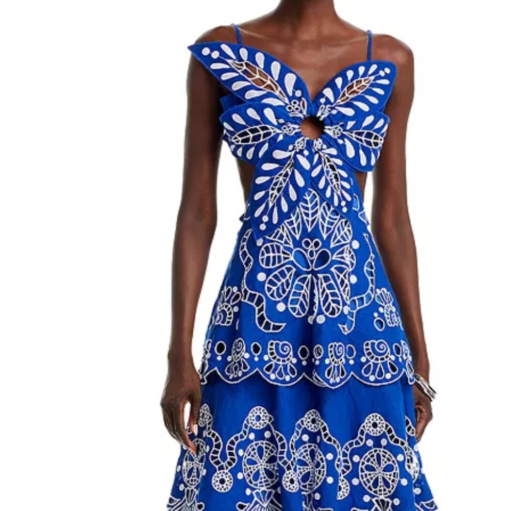 FARM Rio Floral Tiered Midi Dress in Navy Blue - Size Medium